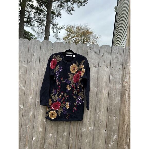 Vintage Chaus‎ Sweater Floral Black Cottagecore Small Winter Knit Fall Cozy - Picture 3 of 8